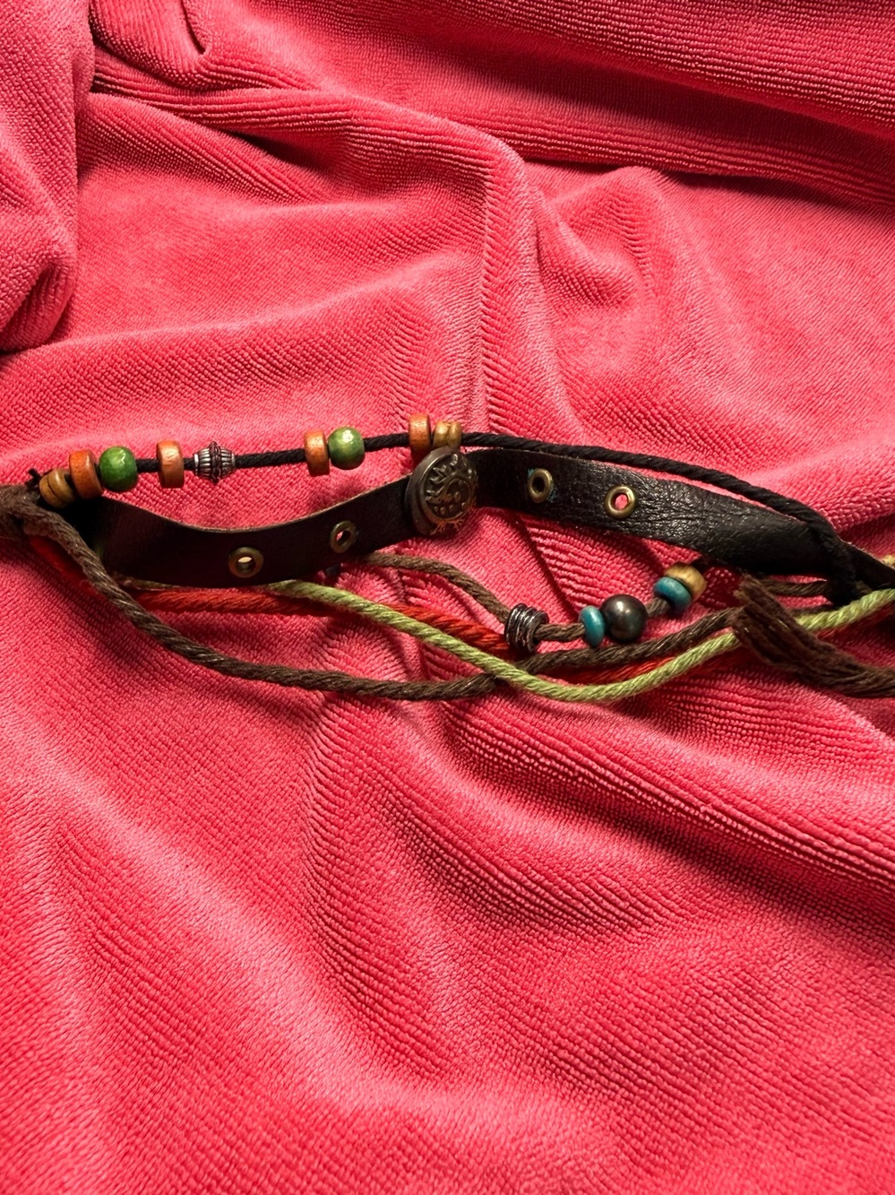 Bohemian Multistrand Beaded Leather Choker - Coral Pink